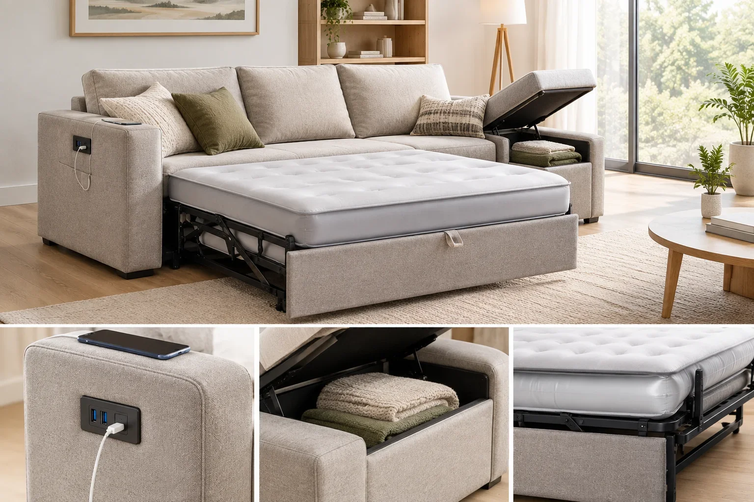 Smart Sleeper Sofa Features - USB ports, storage, and air mattress options